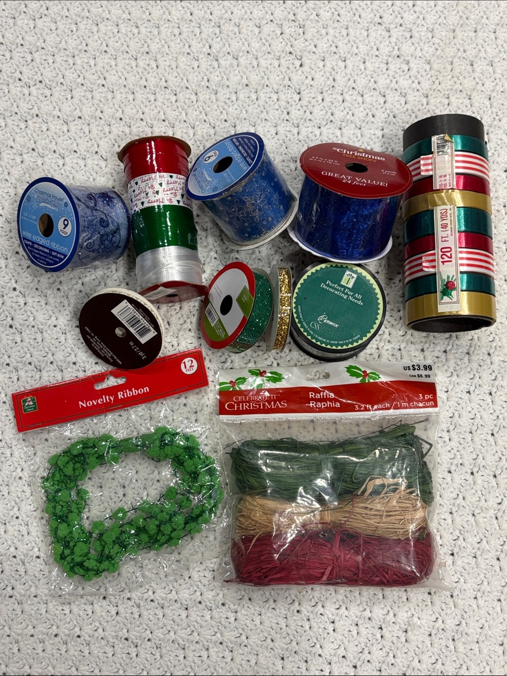 Christmas Craft Ribbon Lot De-stash Holiday Wired Ribbon Trim Raphia 11pc Bundle